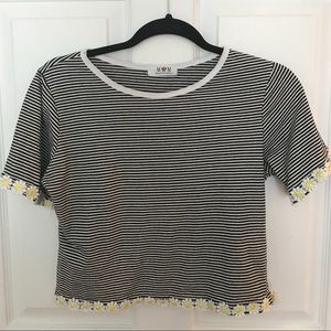 Striped Black and White Tee with Sunflower Border